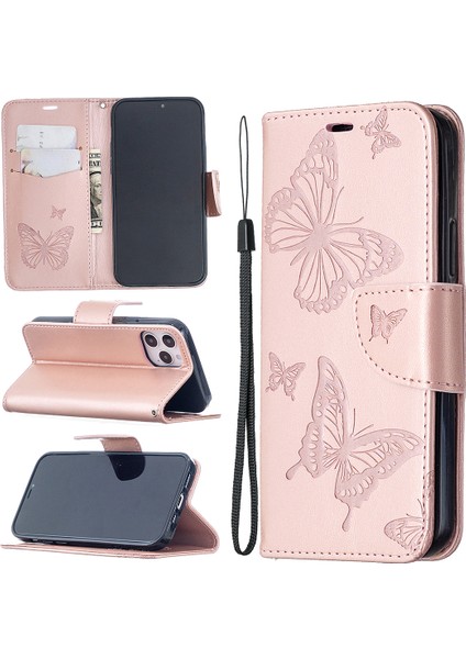 Iphone 12 Pro/12 Için Cüzdan Deri Stand Kılıfı ile Kelebek Plans - Gül Altın (Yurt Dışından)