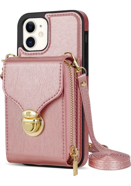 Iphone 12/12 Pro Pu Deri Kaplamalı Tpu Kart Tutucu Kickstand Case-Rose Altın Için Fermuar Telefon Kapağı (Yurt Dışından)