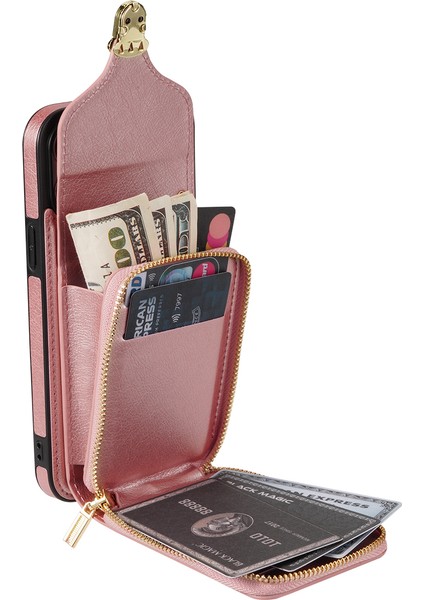 Iphone 12/12 Pro Pu Deri Kaplamalı Tpu Kart Tutucu Kickstand Case-Rose Altın Için Fermuar Telefon Kapağı (Yurt Dışından)