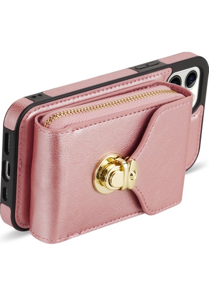 Iphone 12/12 Pro Pu Deri Kaplamalı Tpu Kart Tutucu Kickstand Case-Rose Altın Için Fermuar Telefon Kapağı (Yurt Dışından)