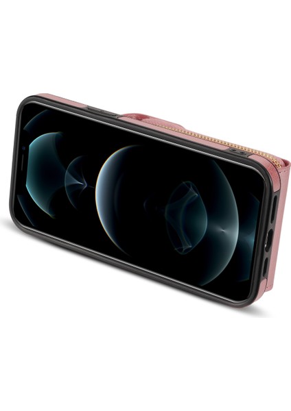 Iphone 12/12 Pro Pu Deri Kaplamalı Tpu Kart Tutucu Kickstand Case-Rose Altın Için Fermuar Telefon Kapağı (Yurt Dışından)