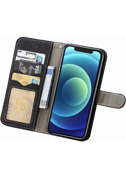 Iphone 12/12 Pro Telefon Kılıfı Için Retro Doku Cep Telefon Kılıfı Anti-Çizgi Pu Deri Dergi Dönen Kart Yuvaları Tutucu Stand Cüzdan Kapak Black (Yurt Dışından)