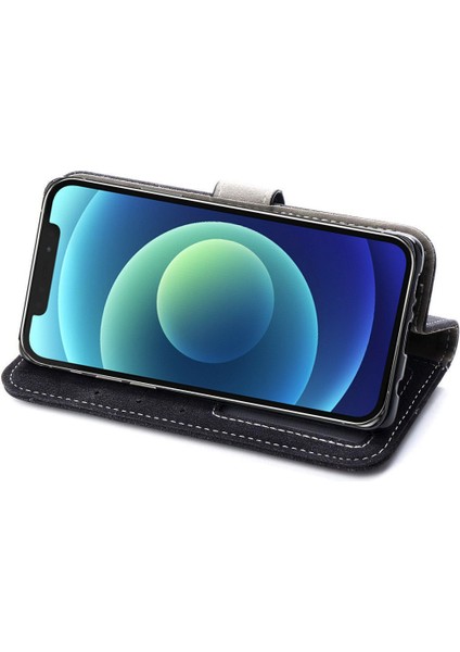 Iphone 12/12 Pro Telefon Kılıfı Için Retro Doku Cep Telefon Kılıfı Anti-Çizgi Pu Deri Dergi Dönen Kart Yuvaları Tutucu Stand Cüzdan Kapak Black (Yurt Dışından)