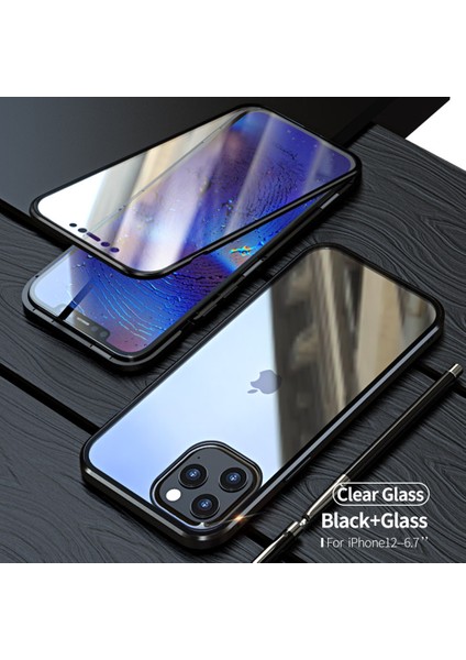 Iphone 12 Pro Maks Mahsyesi Manyetik Kurulum Metal Kenarı+Çift Taraflı Temperli Cam Kapak Black (Yurt Dışından)