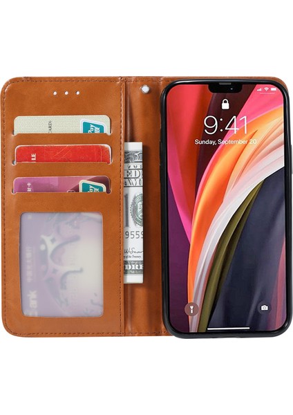 Iphone 12 Pro/12 Stand ile Klasik Oto Emirli Deri Cüzdan Kapağı - Kahverengi (Yurt Dışından)