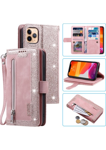 Fermuar Cep 9 Kart Yuvaları Deri Cüzdan Kılıfı Iphone 12 Pro/iphone 12 - Gül Altın (Yurt Dışından)