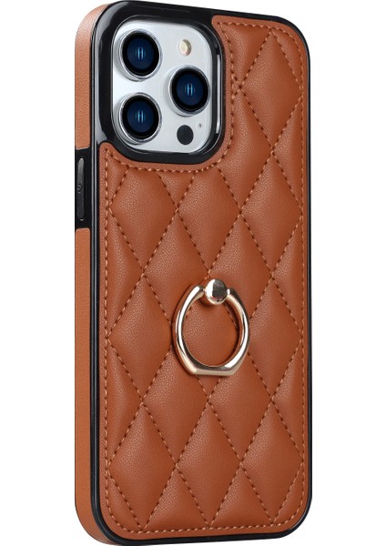 Iphone 12 Pro Max Anti-Dust Pu Deri+Tpu Telefon Kılıfı Dikiş Rhombus Ring Tutucu Kickstand Telefon Kabuk-Kahverengi (Yurt Dışından)