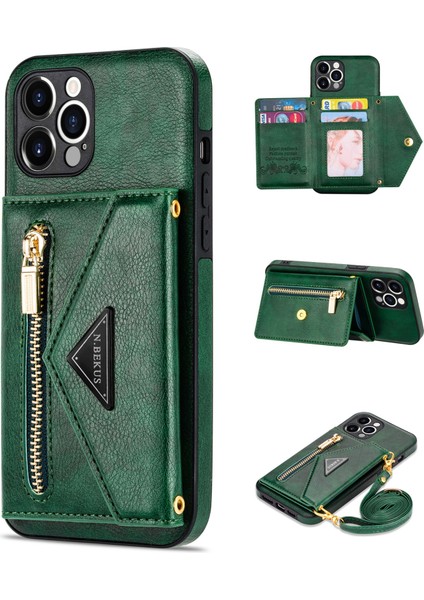 Iphone 12 Pro Max Kickstand Tasarım Cüzdanı Iyi Korumalı Pu Deri+Tpu Cep Telefon Kılıfı Long Lanyard-Blackish Green (Yurt Dışından)