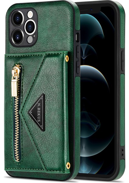 Iphone 12 Pro Max Kickstand Tasarım Cüzdanı Iyi Korumalı Pu Deri+Tpu Cep Telefon Kılıfı Long Lanyard-Blackish Green (Yurt Dışından)