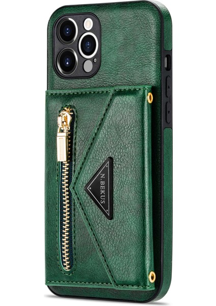 Iphone 12 Pro Max Kickstand Tasarım Cüzdanı Iyi Korumalı Pu Deri+Tpu Cep Telefon Kılıfı Long Lanyard-Blackish Green (Yurt Dışından)