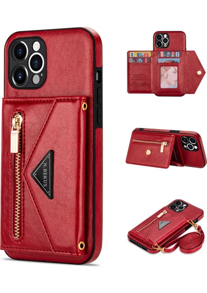 Iphone 12 Pro Max Kickstand Tasarım Cüzdanı Iyi Korumalı Pu Deri+Tpu Cep Telefon Kılıfı Long Lanyard-Red ile (Yurt Dışından)