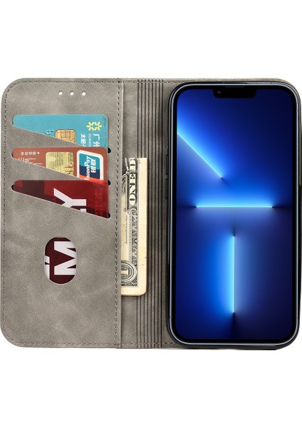 Iphone 12/12 Pro Telefon Kılıfı Cilt Duygu Deri Deri Ekleme Telefon Cüzdan Stand Kılıfı Donanım Dekoru -Grey (Yurt Dışından)