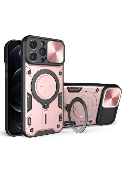 Iphone 12 Pro Max Slide Kamera Kapağı Geri Kılıf Ücretsiz Döndürme Kickstand Pc+Tpu Telefon Kapak Pembe (Yurt Dışından)