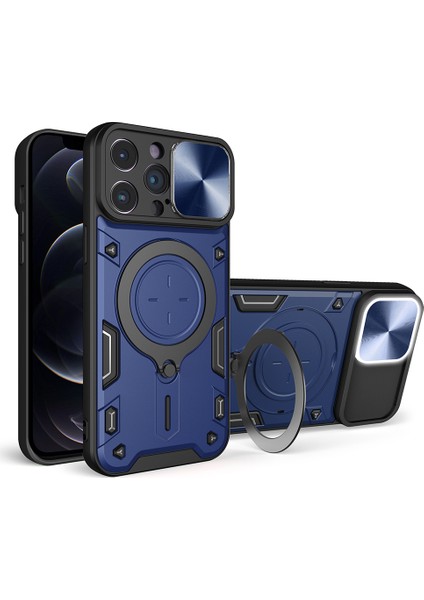 Iphone 12 Pro Max Slide Kamera Kapağı Geri Kılıf Ücretsiz Döndürme Kickstand Pc+Tpu Telefon Kapak-Blue (Yurt Dışından)