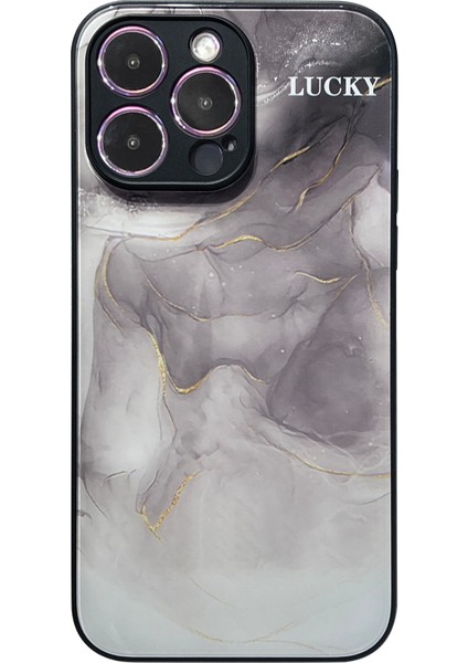 Iphone 12 Pro Mürekkep Yıkama Boyama Desen Telefon Kapağı Altın Folyo Sert Cam+Tpu Kabuk Kılıfı - Siyah (Yurt Dışından)