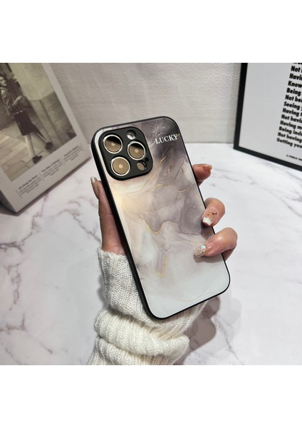 Iphone 12 Pro Mürekkep Yıkama Boyama Desen Telefon Kapağı Altın Folyo Sert Cam+Tpu Kabuk Kılıfı - Siyah (Yurt Dışından)