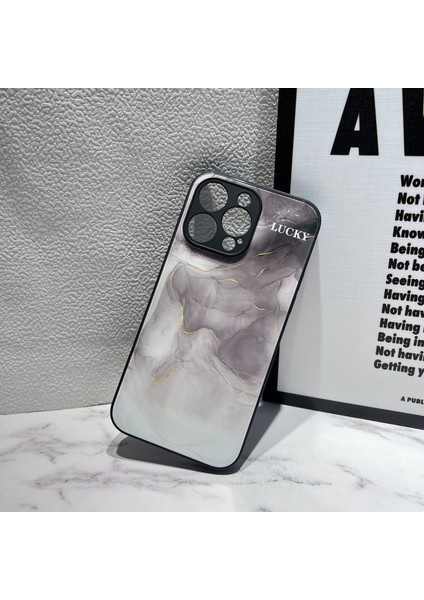 Iphone 12 Pro Mürekkep Yıkama Boyama Desen Telefon Kapağı Altın Folyo Sert Cam+Tpu Kabuk Kılıfı - Siyah (Yurt Dışından)