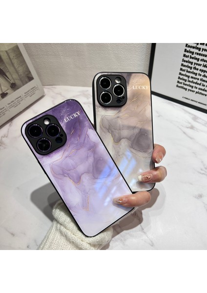 Iphone 12 Pro Mürekkep Yıkama Boyama Desen Telefon Kapağı Altın Folyo Sert Cam+Tpu Kabuk Kılıfı - Siyah (Yurt Dışından)