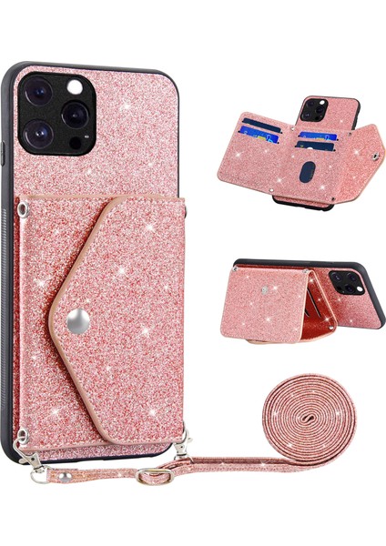 Iphone 12 Pro Phone Case Için Parıltılı Telefon Kasası Kickstand Card Tutucu Deri Kaplı Tpu Kapak Omuz Kayış Pembe (Yurt Dışından)