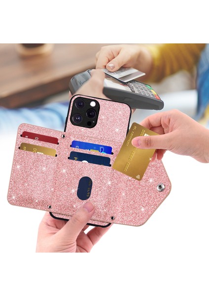 Iphone 12 Pro Phone Case Için Parıltılı Telefon Kasası Kickstand Card Tutucu Deri Kaplı Tpu Kapak Omuz Kayış Pembe (Yurt Dışından)