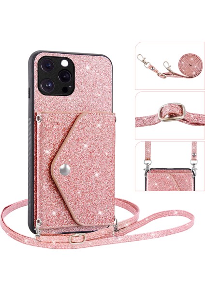 Iphone 12 Pro Phone Case Için Parıltılı Telefon Kasası Kickstand Card Tutucu Deri Kaplı Tpu Kapak Omuz Kayış Pembe (Yurt Dışından)