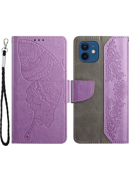 Iphone 12/12 Pro Pro Butterfly Flower Baskılı Deri Telefon Kapağı Cüzdan Stand Folio Flip Case-Purple (Yurt Dışından)