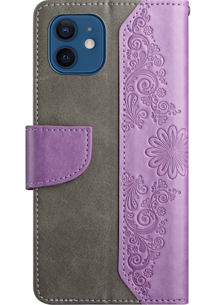 Iphone 12/12 Pro Pro Butterfly Flower Baskılı Deri Telefon Kapağı Cüzdan Stand Folio Flip Case-Purple (Yurt Dışından)