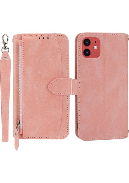 Iphone 12/12 Pro Telefon Kılıfı Stand Stand Cüzdan Tarzı Anti-Fall Kılıfı Zipper Cep Pu Deri Deri Şok Geçirmez Telefon Kabuğu Uzun/kısa Kayış Pembe (Yurt Dışından)