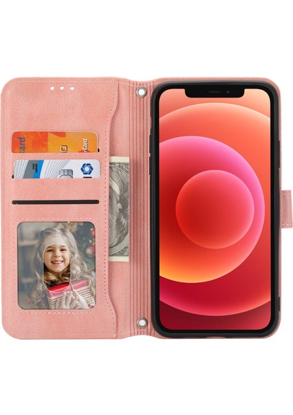 Iphone 12/12 Pro Telefon Kılıfı Stand Stand Cüzdan Tarzı Anti-Fall Kılıfı Zipper Cep Pu Deri Deri Şok Geçirmez Telefon Kabuğu Uzun/kısa Kayış Pembe (Yurt Dışından)