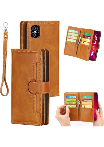 Iphone 12/12 Pro Telefon Kılıfı Anti -Çizgi Anti Şok Geçirmez Çoklu Kart Yuvaları Bölünmüş Deri Telefon Kapağı Telefon Çantası Kılıfı -Brown (Yurt Dışından)