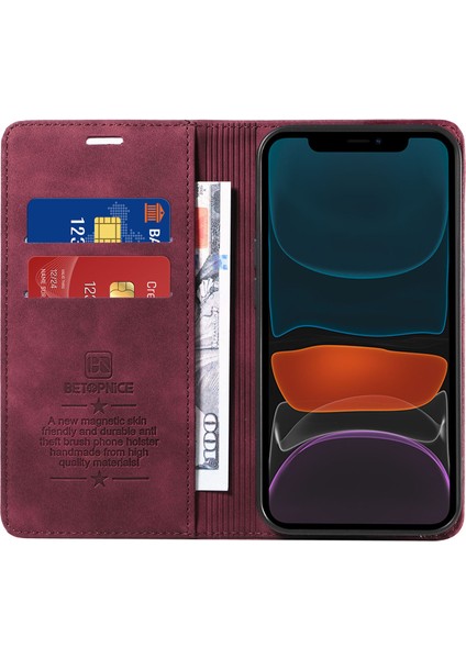 Iphone 12/12 Pro Cep Telefonu Kapağı Cüzdan Deri Stand Rfıd Engelleme Kahçesi - Kırmızı (Yurt Dışından)