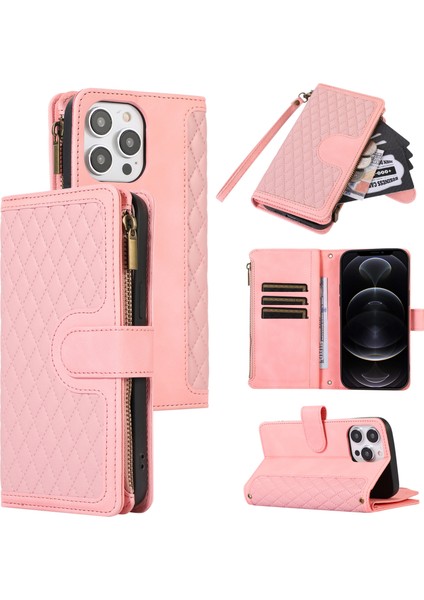 Iphone 12 Pro Maks Deri Cüzdan Kart Tutucu Telefon Kılıfı Rhombus Stand Kapağı Fermuar Pocket-Rose Altın (Yurt Dışından)