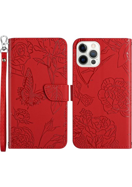 Iphone 12/12 Pro Telefon Kılıfı Cilt Touch Pu Deri Telefon Kılıfı Şık Kelebekler Baskılı Anti-Drop Folio Flip Kapak Cüzdan Stand-Red (Yurt Dışından)
