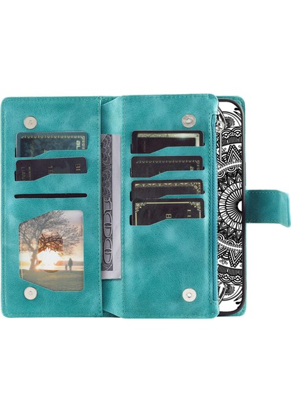 Iphone 12 Pro Max Mandala Için Çiçek Damla Geçirmez Telefon Kapağı Stand Çok Kart Yuvası ile Zipper Cep Cüzdanı Pu Deri Telefon Kılıfı Kayış Yeşil (Yurt Dışından)