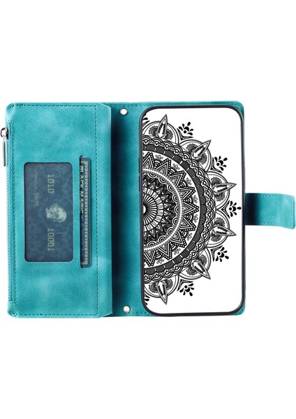Iphone 12 Pro Max Mandala Için Çiçek Damla Geçirmez Telefon Kapağı Stand Çok Kart Yuvası ile Zipper Cep Cüzdanı Pu Deri Telefon Kılıfı Kayış Yeşil (Yurt Dışından)