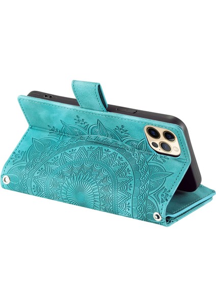 Iphone 12 Pro Max Mandala Için Çiçek Damla Geçirmez Telefon Kapağı Stand Çok Kart Yuvası ile Zipper Cep Cüzdanı Pu Deri Telefon Kılıfı Kayış Yeşil (Yurt Dışından)