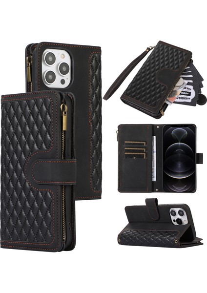 Iphone 12 Pro Max Deri Cüzdan Kart Tutucu Telefon Kılıfı Rhombus Stand Kapağı Zipper Cep-Black (Yurt Dışından)