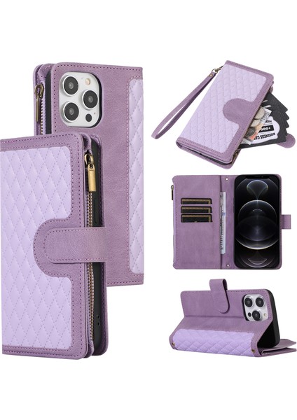 Iphone 12 Pro Max Deri Cüzdan Kart Tutucu Telefon Kılıfı Rhombus Stand Kapağı Fermuarı ile Cep-Moral (Yurt Dışından)