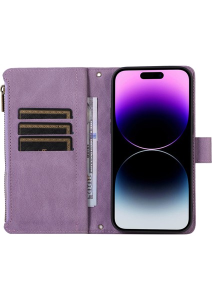 Iphone 12 Pro Max Deri Cüzdan Kart Tutucu Telefon Kılıfı Rhombus Stand Kapağı Fermuarı ile Cep-Moral (Yurt Dışından)