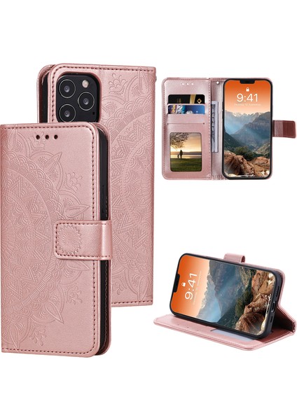 Baskılı Mandala Çiçek Cüzdan Deri Deri Flip Kapak Iphone 12 Pro Max 6.7 Inç-Rose Altın (Yurt Dışından)