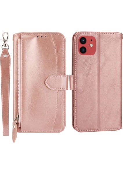 Iphone 12/12 Pro Telefon Kılıfı Stand Stand Cüzdan Tarzı Anti-Fall Kasa Zipper Cep Pu Deri Deri Şok Geçirmez Telefon Kabuğu Uzun/kısa Kayışlar Golü Altın (Yurt Dışından)