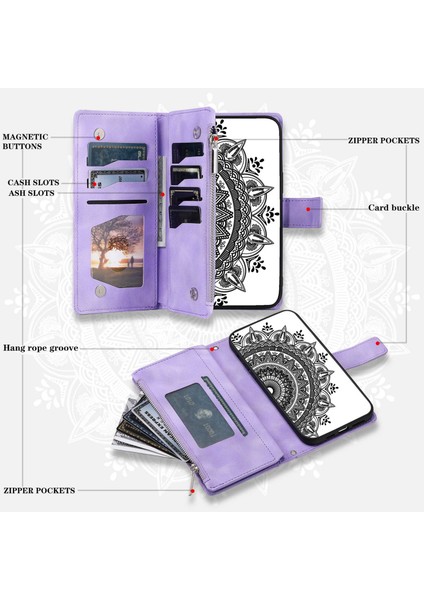 Iphone 12 Pro Max Mandala Çiçek Için Baskalı Damla Geçirmez Telefon Kapak Standı Çoklu Kart Yuvası Zipper Cep Cüzdanı Pu Deri Telefon Kılıfı (Yurt Dışından)