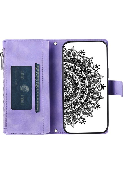 Iphone 12 Pro Max Mandala Çiçek Için Baskalı Damla Geçirmez Telefon Kapak Standı Çoklu Kart Yuvası Zipper Cep Cüzdanı Pu Deri Telefon Kılıfı (Yurt Dışından)
