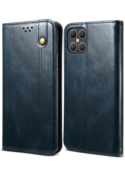 Mumsu Çılgın At Dokusu Tpu + Pu Deri Telefon Kapak Kabuğu Iphone 12/12 Pro - Blue Için (Yurt Dışından)