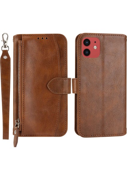Iphone 12/12 Pro Telefon Kılıfı Stand Stand Cüzdan Tarzı Anti-Fall Kılıfı Zipper Cep Pu Deri Deri Şok Geçirmez Telefon Kabuğu Uzun/kısa Kayışlar-Kahverengi (Yurt Dışından)