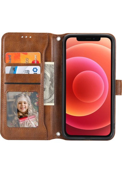 Iphone 12/12 Pro Telefon Kılıfı Stand Stand Cüzdan Tarzı Anti-Fall Kılıfı Zipper Cep Pu Deri Deri Şok Geçirmez Telefon Kabuğu Uzun/kısa Kayışlar-Kahverengi (Yurt Dışından)