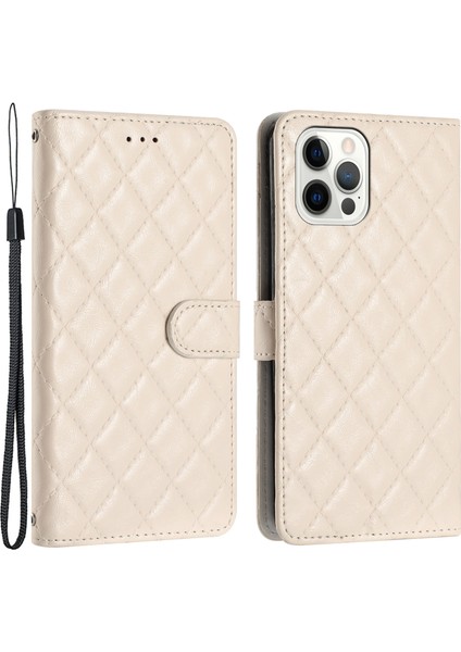 Iphone 12/12 Pro Pu Deri Telefon Kapağı Cüzdan Standı Dikiş Hattı Rhombus Doku Telefon Vaka-Beyaz (Yurt Dışından)