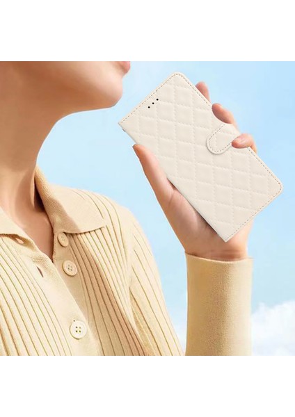 Iphone 12/12 Pro Pu Deri Telefon Kapağı Cüzdan Standı Dikiş Hattı Rhombus Doku Telefon Vaka-Beyaz (Yurt Dışından)