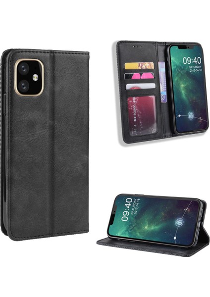 Iphone 12 Pro - Siyah Için Retro Skin Cüzdan Deri Stand Kılıfı (Yurt Dışından)