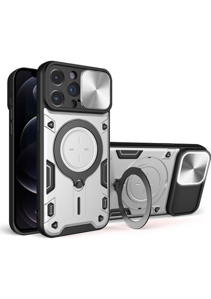 Iphone 12 Pro Max Slide Kamera Kapağı Geri Kılıf Ücretsiz Döndürme Kickstand Pc+Tpu Telefon Kapak Silver (Yurt Dışından)